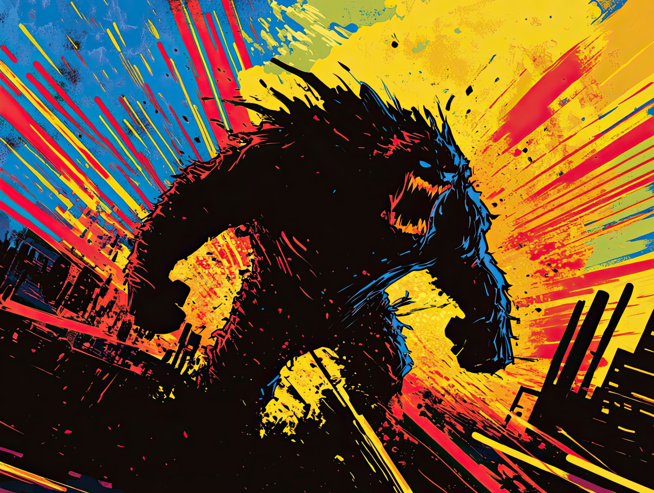 A terrifying monster emerging from the shadows, eyes glowing, body towering over the scene, comic book style, 3d comic style, anime style comics