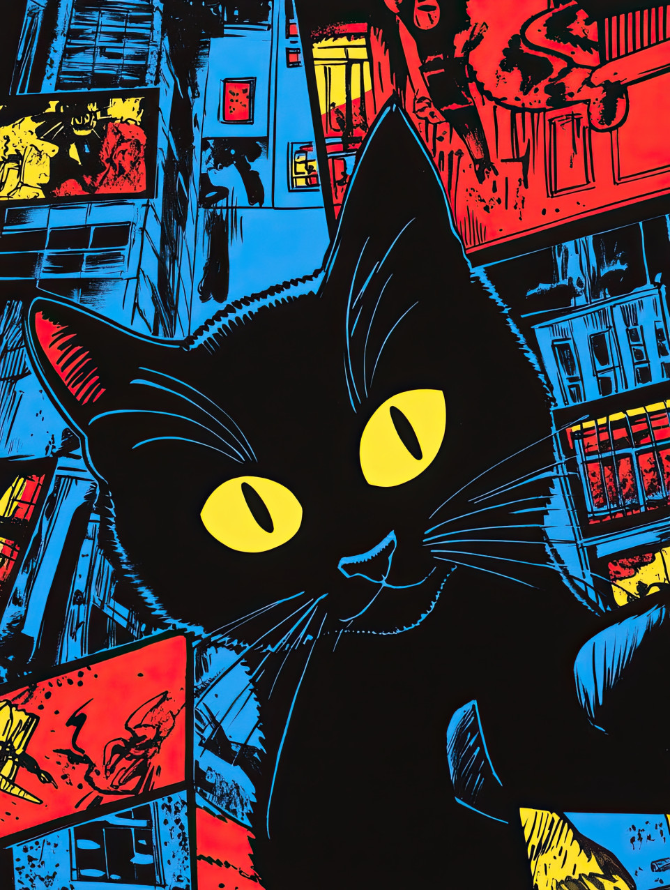 Curious cat on a midnight adventure, sneaking through dark alleys under the moonlight, exploring secrets of the night, comic strip style, calvin and hobbes style, comic strip art style