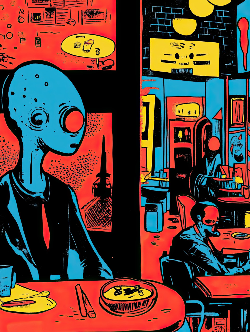 Friendly alien visits a cozy cafe, sipping a drink while observing humans, blending into everyday life, comic strip style, calvin and hobbes style, comic strip art style