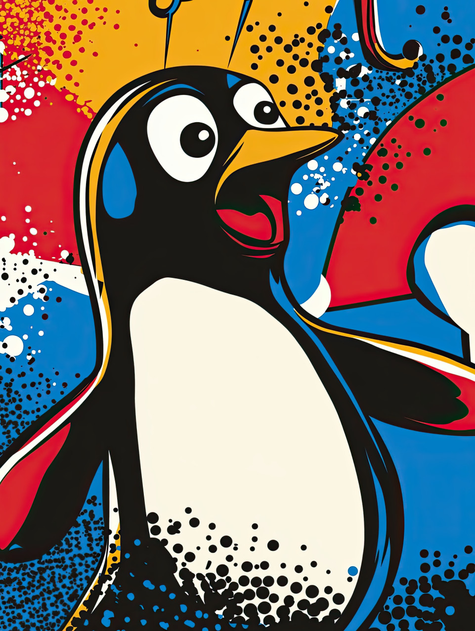 Determined penguin flaps its wings, attempting to fly despite gravity, dreaming of soaring high, comic strip style, calvin and hobbes style, comic strip art style