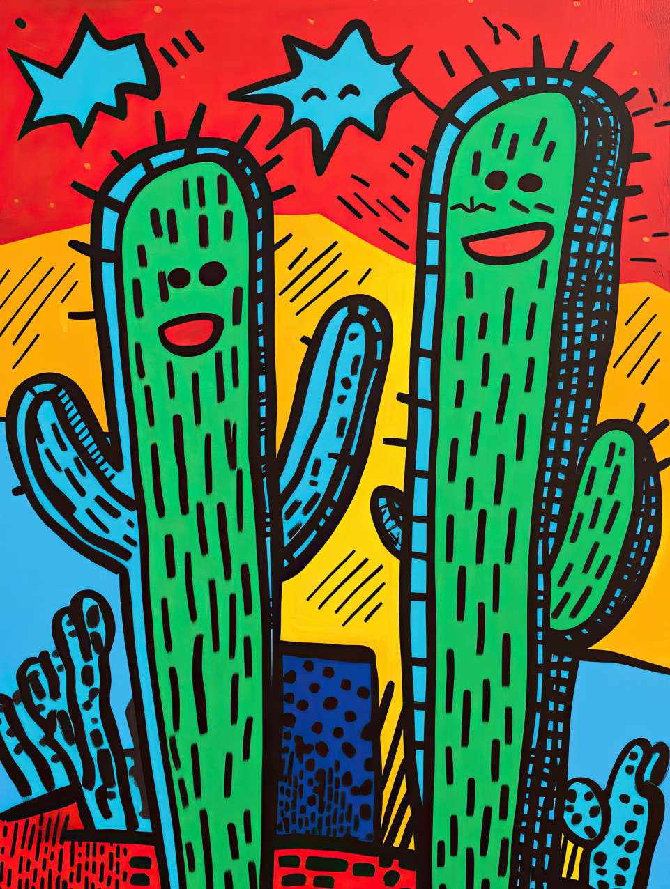 Two talking cacti have a lively conversation, sharing funny jokes and deep thoughts in the desert, comic strip style, calvin and hobbes style, comic strip art style