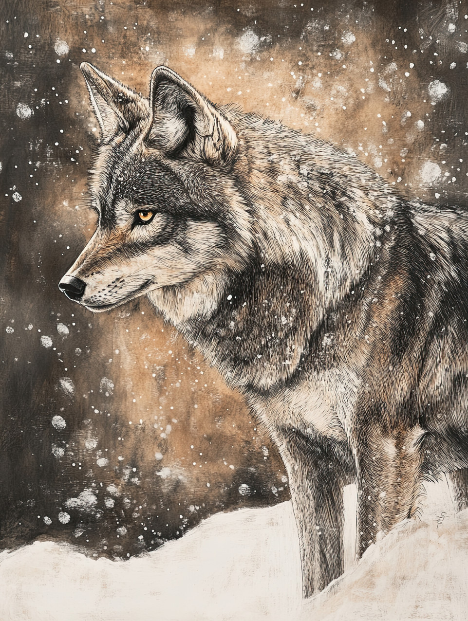 Lone wolf standing in snowy wilderness, fur dusted with frost, eyes scanning the horizon, winter survival, isolation, and resilience, conte drawing, conte charcoal pencil, conte drawing pencils