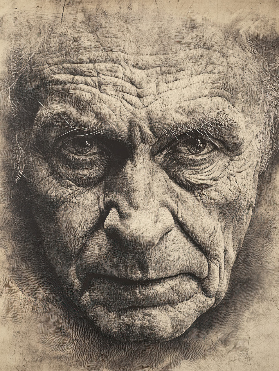 Elderly man with deep wrinkles and wise eyes, face full of life stories and experience, time, aging, and wisdom concept, conte drawing, conte charcoal pencil, conte drawing pencils