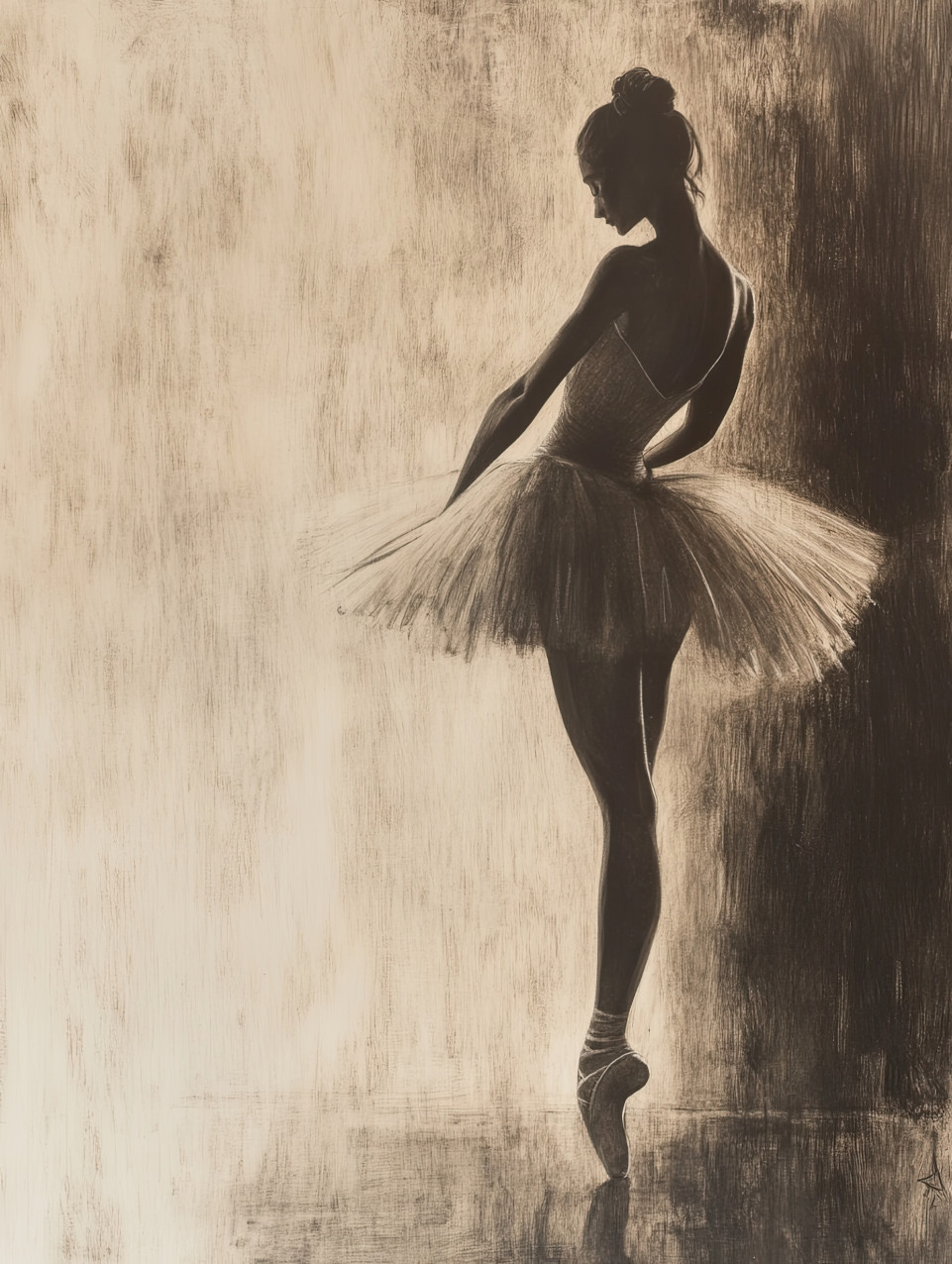 Graceful ballerina frozen mid-pose, arms extended, elegance and discipline in motion, dance, beauty, and artistry concept, conte drawing, conte charcoal pencil, conte drawing pencils