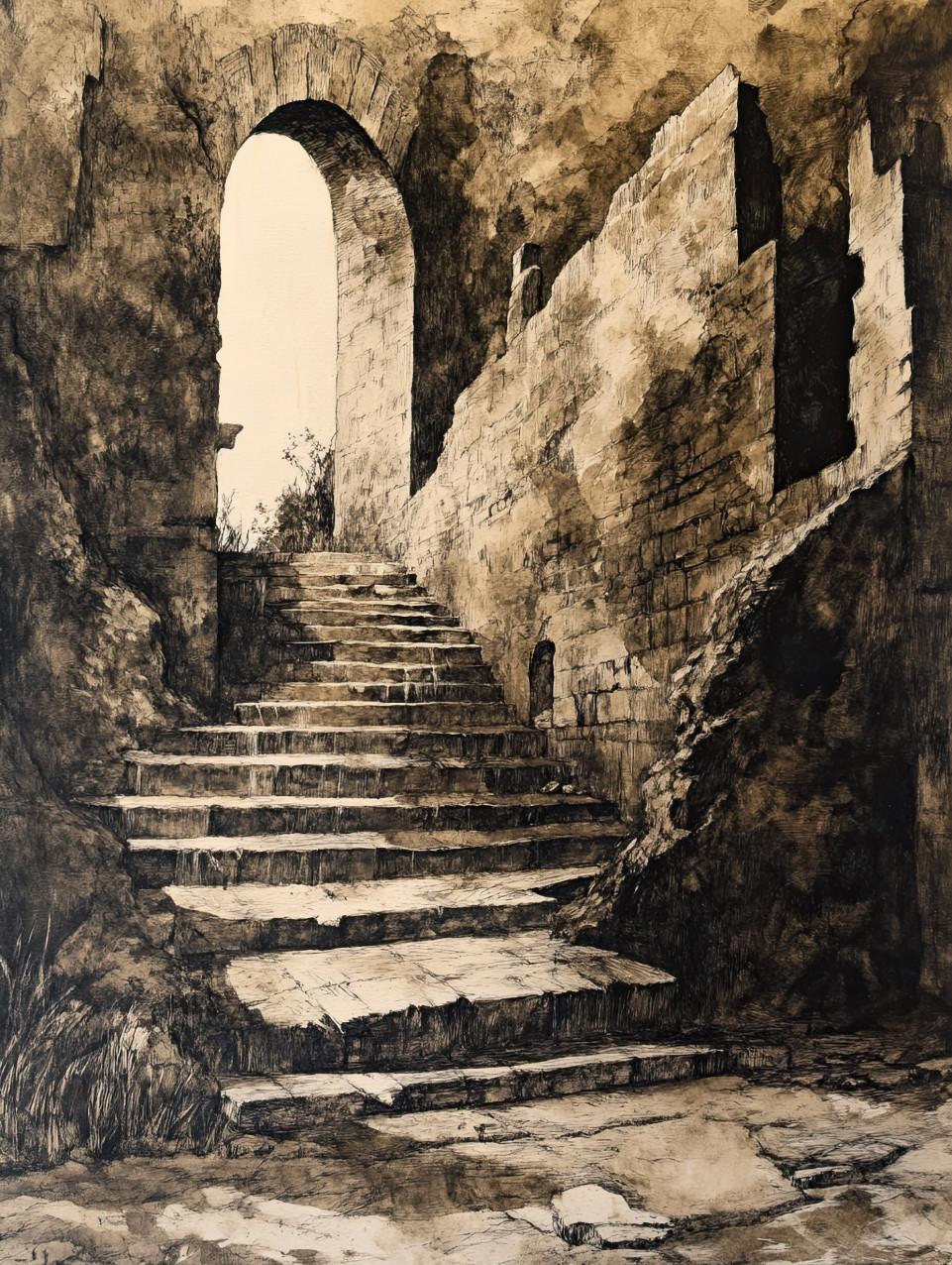 Crumbling ancient ruins standing against time, weathered stones and broken pillars tell a lost history, decay, history, and mystery, conte drawing, conte charcoal pencil, conte drawing pencils