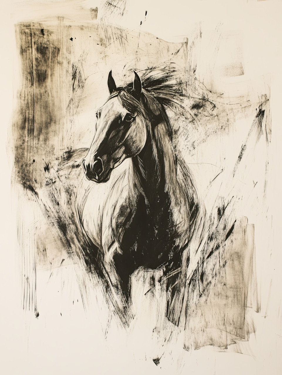 A powerful horse galloping through the wind, mane flowing, strength and freedom in motion, speed, power, and wild spirit, conte drawing, conte charcoal pencil, conte drawing pencils