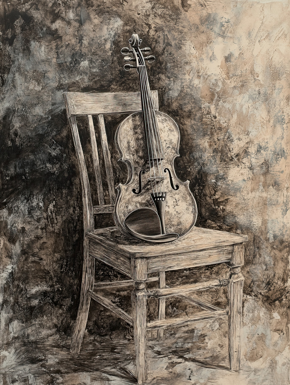 A violin resting on an empty chair, strings waiting to be played, silence and anticipation in the air, music, solitude, and creativity, conte drawing, conte charcoal pencil, conte drawing pencils