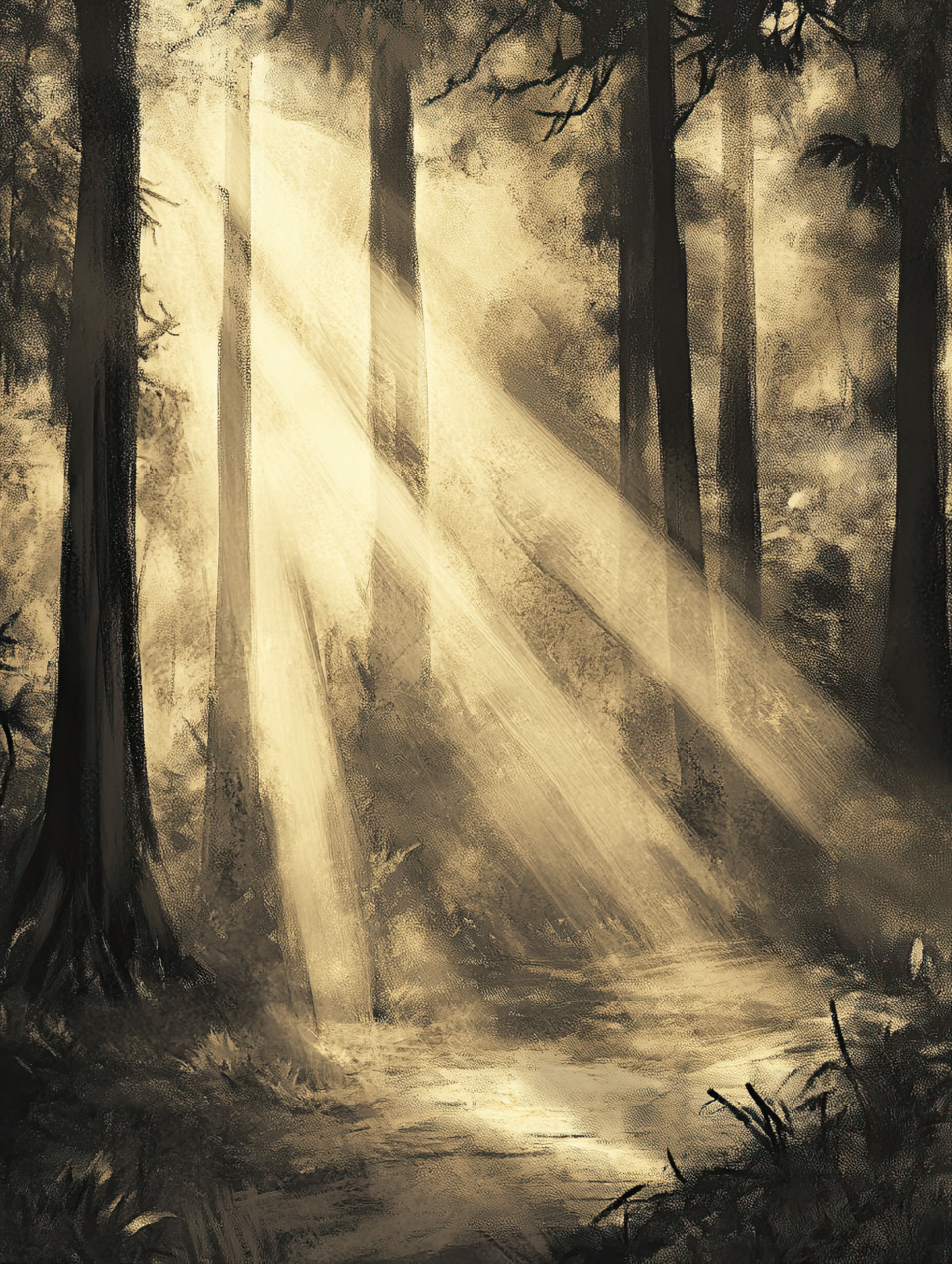 Dark forest with beams of light piercing through dense trees, a mysterious and enchanted atmosphere, nature, mystery, and wonder, conte drawing, conte charcoal pencil, conte drawing pencils
