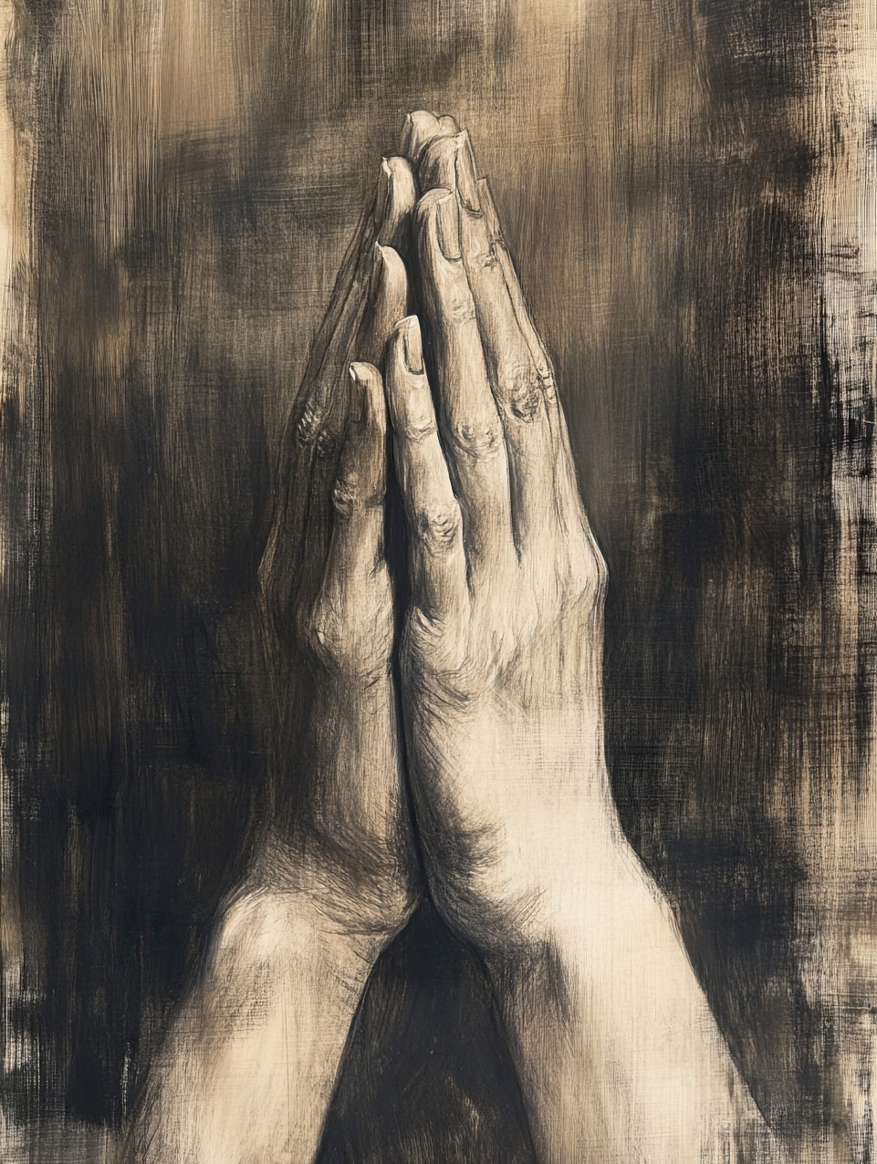 Hands clasped together in deep prayer, fingers gently intertwined, symbolizing faith, hope, and devotion, spirituality, belief, and connection, conte drawing, conte charcoal pencil, conte drawing pencils