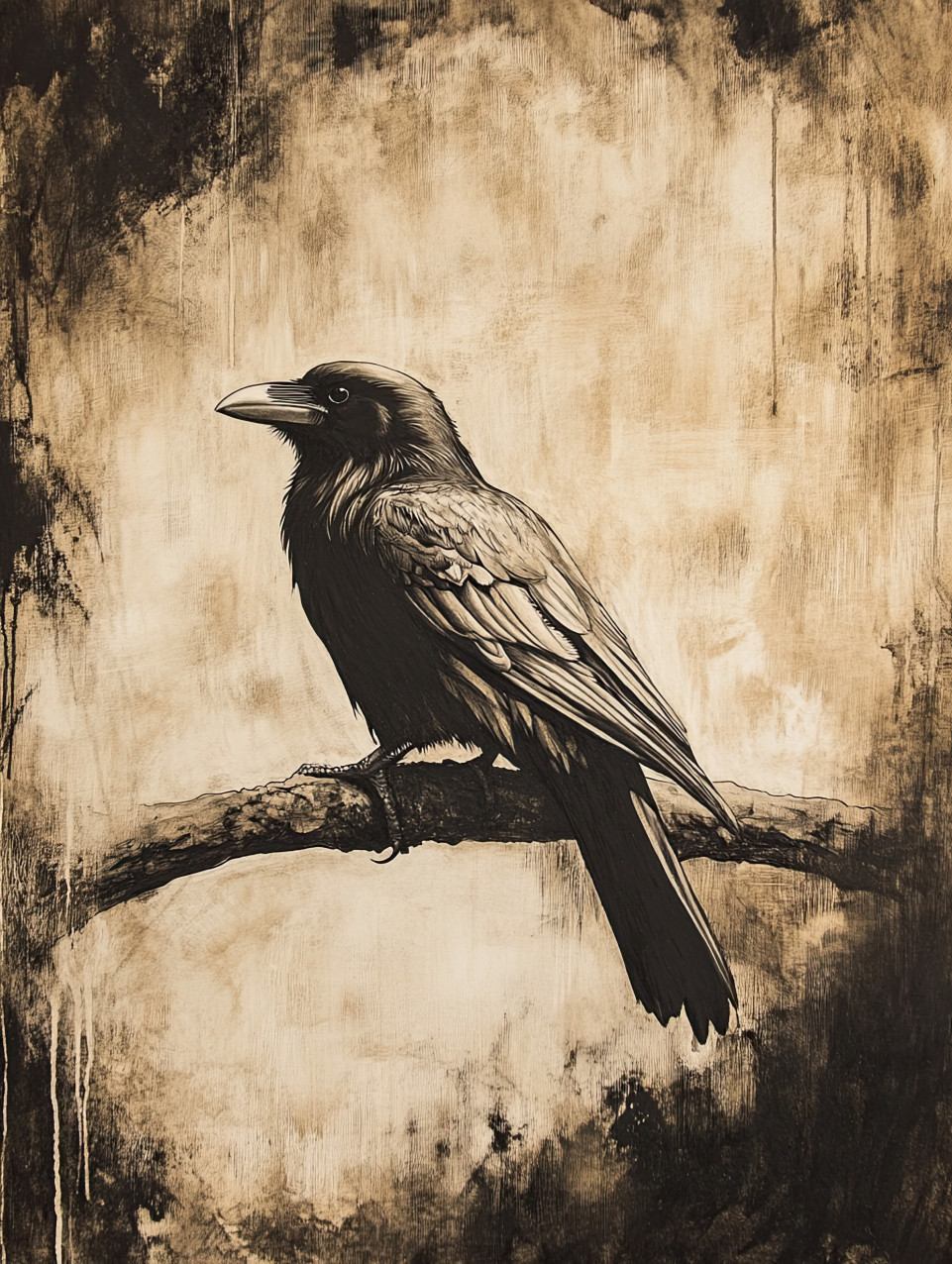 A lone raven perched on a branch, dark feathers sleek, eyes sharp and observant, mystery, intelligence, and symbolism, conte drawing, conte charcoal pencil, conte drawing pencils