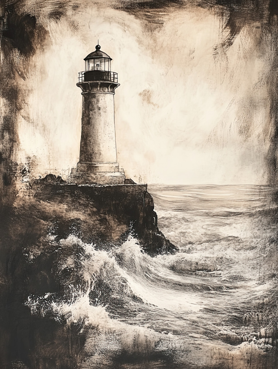 A lighthouse standing tall against crashing waves, a beacon of hope and guidance in the storm, strength, resilience, and safety, conte drawing, conte charcoal pencil, conte drawing pencils
