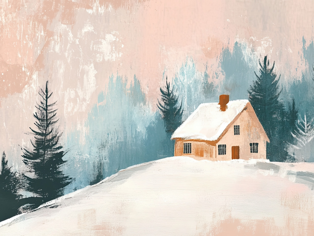Cozy wooden cabin surrounded by fresh snow, smoke rising from chimney, peaceful winter retreat painted with gouache paint, gouache, acryla gouache