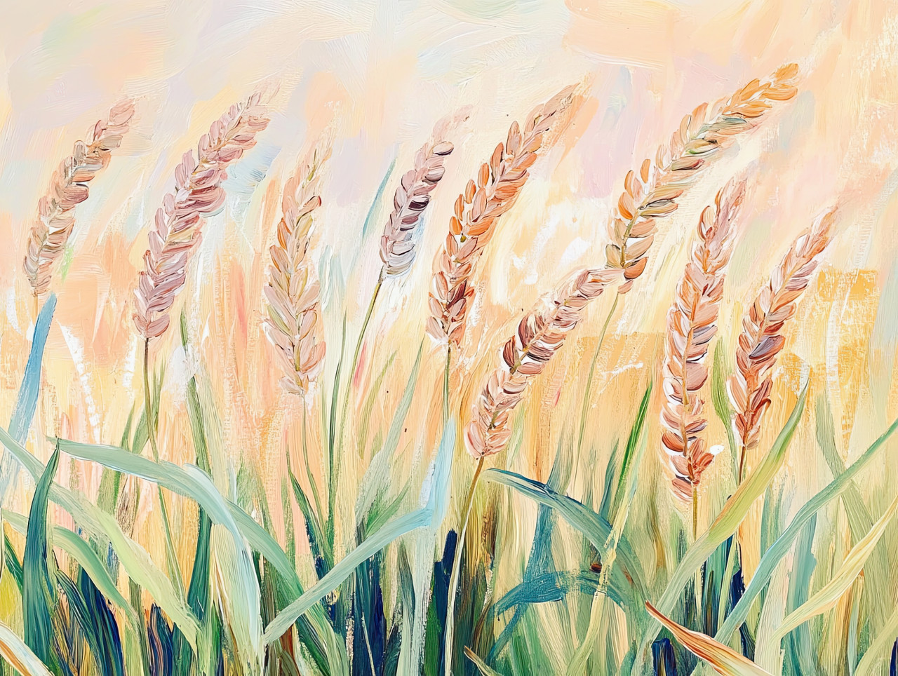 Golden wheat field stretching under a warm sunny sky, swaying in the breeze, rustic countryside scene painted with gouache paint, gouache, acryla gouache