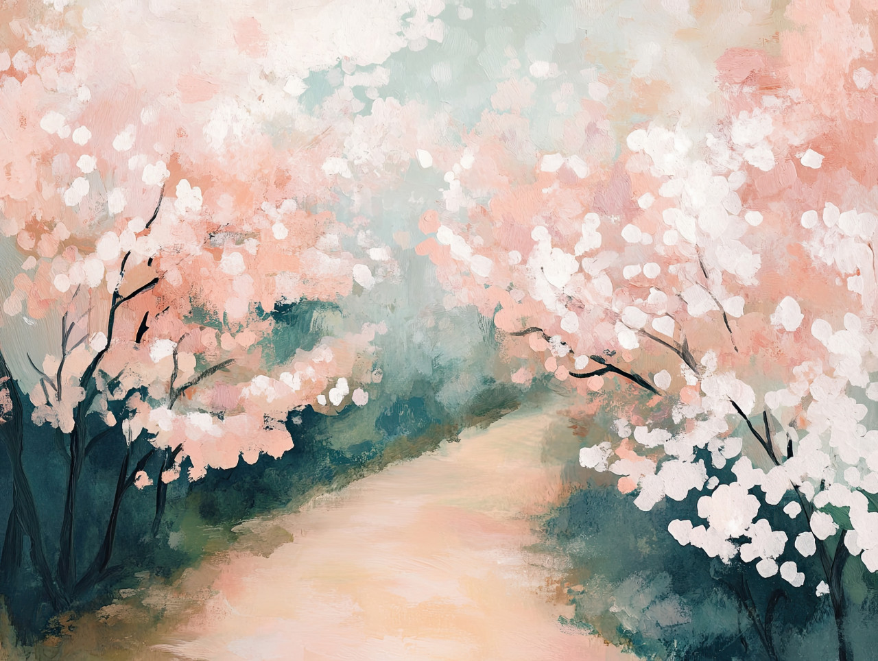 Cherry blossom trees lining a peaceful path, pink petals floating in the air, tranquil spring landscape painted with gouache paint, gouache, acryla gouache