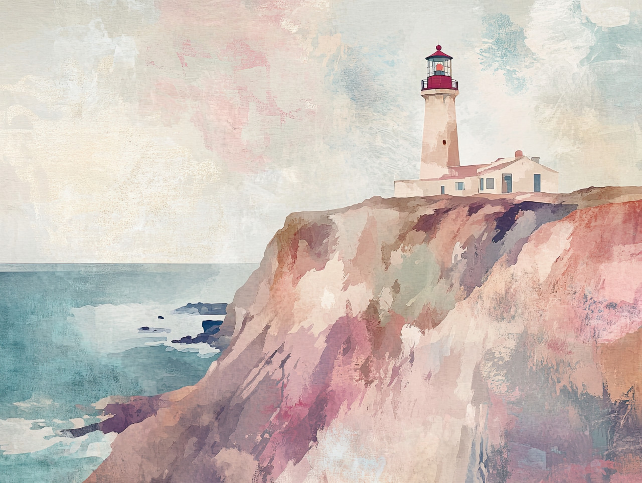 Tall lonely lighthouse standing on a rugged cliff above the ocean, waves crashing below, coastal scene painted with gouache paint, gouache, acryla gouache