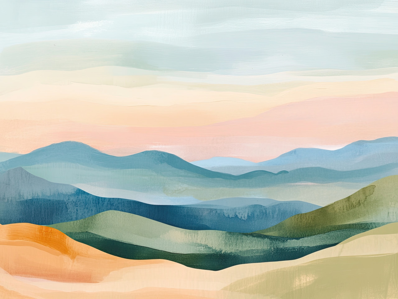 Vast desert dunes glowing orange at dusk, shadows stretching across the sand, peaceful sunset landscape painted with gouache paint, gouache, acryla gouache