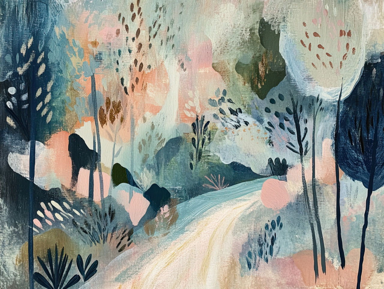 Autumn forest trail covered in colorful fallen leaves, trees glowing with red and gold, tranquil fall scene painted with gouache paint, gouache, acryla gouache