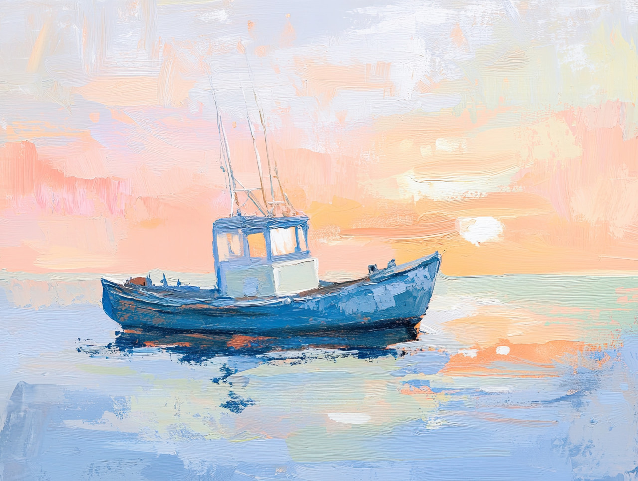 Small fishing boat floating on calm water at dawn, golden light reflecting on waves, peaceful marine scene painted with gouache paint, gouache, acryla gouache