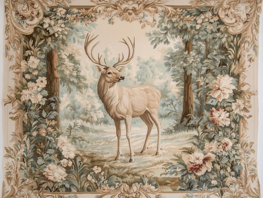 Majestic stag standing in a forest clearing surrounded by lush trees, depicted in an antique aubusson tapestry, rich details evoke the beauty of aubusson verdure