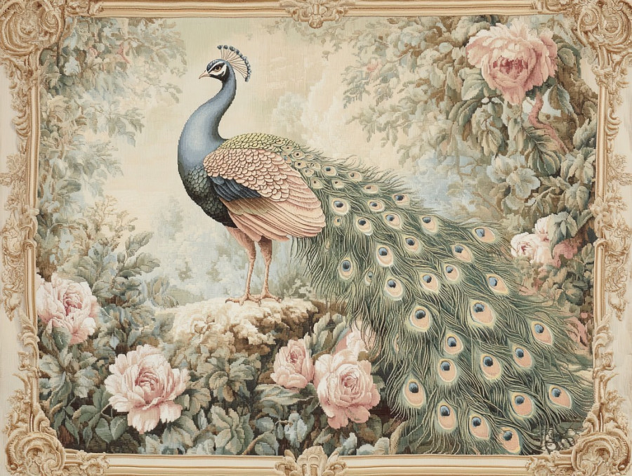 Peacock with a flowing tail perched in a vibrant garden, captured in an antique aubusson tapestry, the intricate aubusson verdure adds elegance to this classic scene