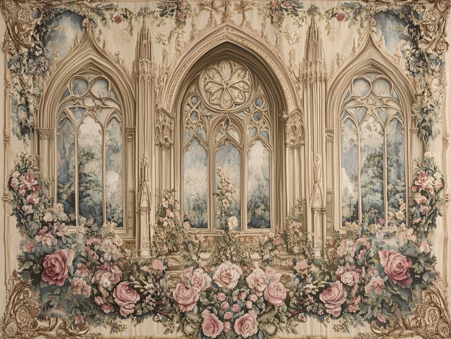 Gothic cathedral with towering spires and rose windows, beautifully illustrated in an antique aubusson tapestry, the detailed aubusson verdure enhances its grandeur