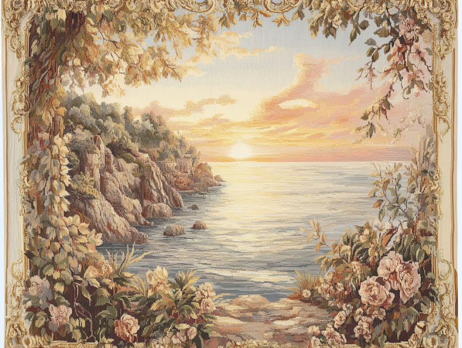 Sunset over a rugged coastline with crashing waves, portrayed in an antique aubusson tapestry, warm hues and aubusson verdure create a timeless seascape