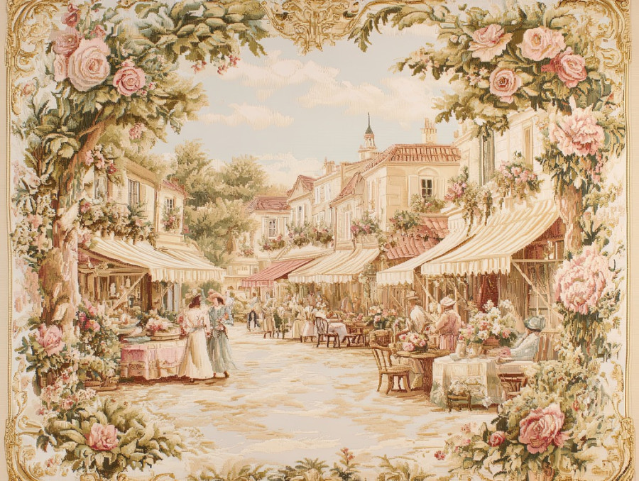 Vintage marketplace bustling with merchants and shoppers, woven into an antique aubusson tapestry, the rich colors and aubusson verdure capture old-world charm