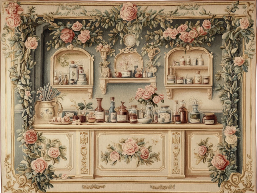Apothecary with herbal remedies, glass bottles, and scrolls, intricately designed in an antique aubusson tapestry, the aubusson verdure enhances the medieval aesthetic