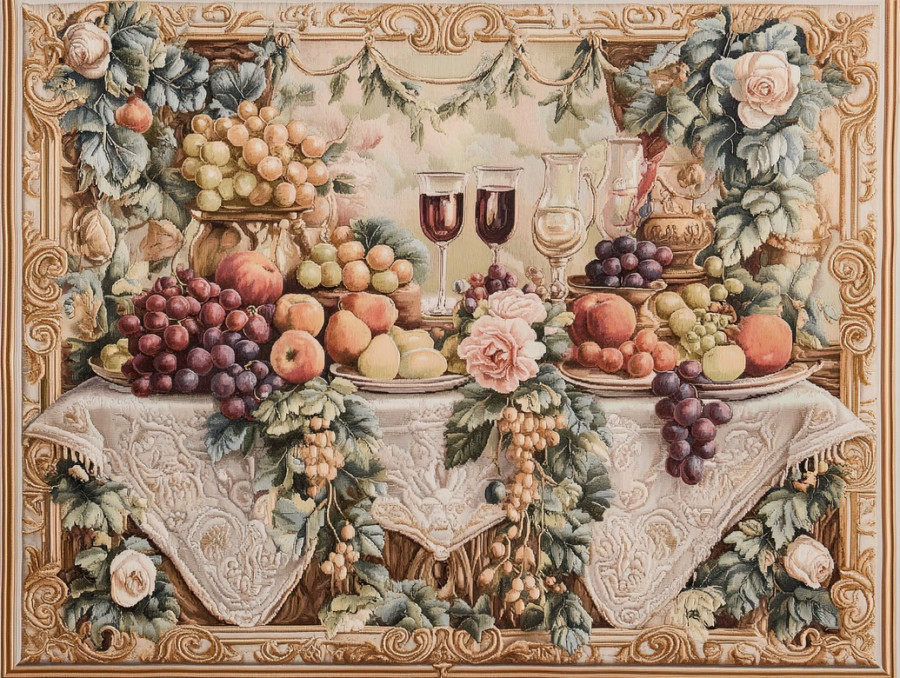 Sumptuous banquet with ripe fruits, wine, and lavish dÃ©cor, elegantly illustrated in an antique aubusson tapestry, the aubusson verdure adds classic opulence