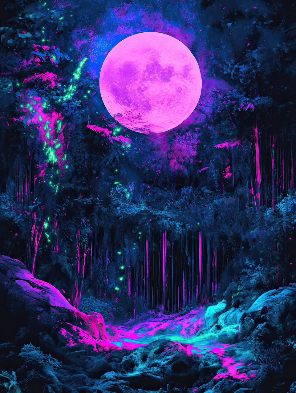 Moonlit forest glowing under the night sky, trees illuminated with blacklight paint, a mystical woodland scene created with blacklight acrylic paint, evoking mystery and wonder