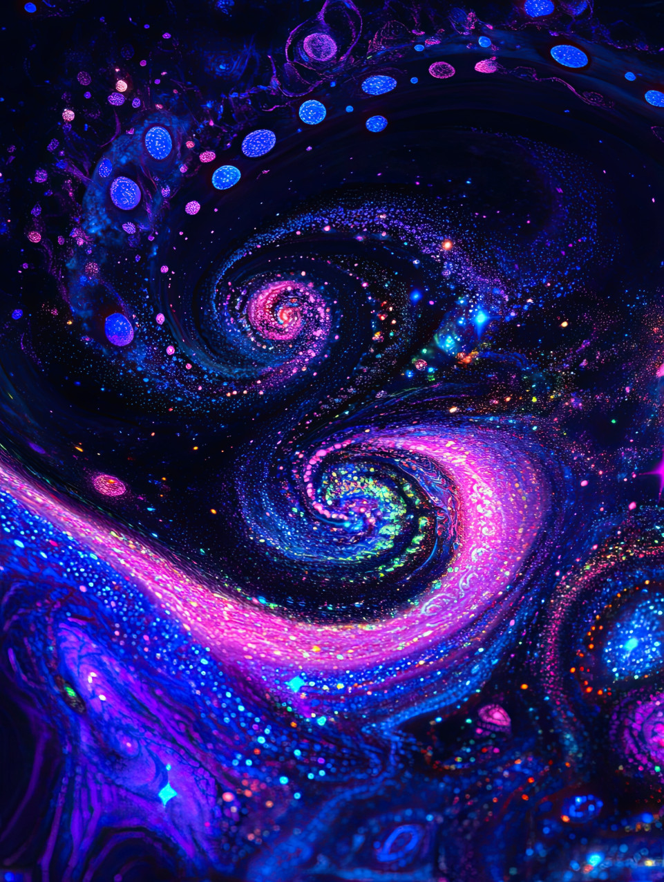 Cosmic galaxy swirl radiating vibrant neon colors, created with blacklight paint, a mesmerizing outer space scene brought to life with blacklight acrylic paint and glowing stars