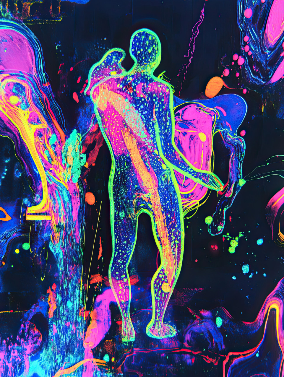 Dancing neon figures glowing under blacklight, painted with blacklight paint, a dynamic scene of movement and energy using blacklight acrylic paint to create a vibrant atmosphere
