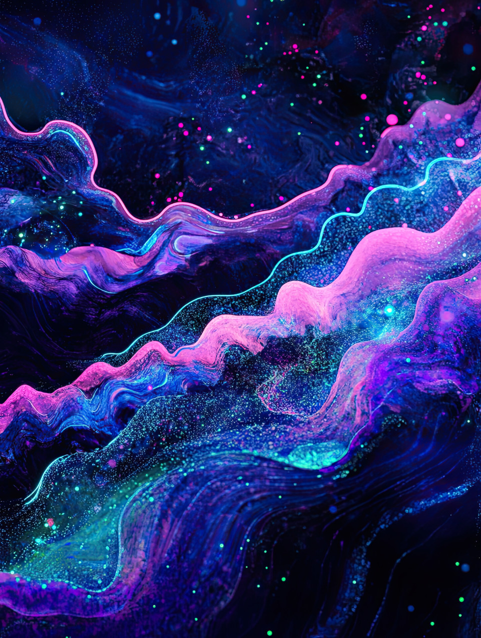 Bioluminescent waves crashing on the shore, glowing under blacklight paint, a luminous ocean scene created with blacklight acrylic paint, capturing the magic of nature at night