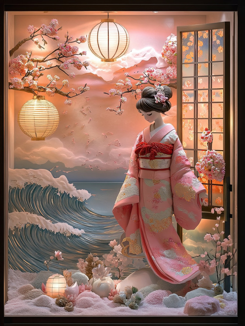 A kimono clad girl plays near ocean waves, evoking a hina doll, a delicate hinamatsuri dolls display capturing a joyful spring festival moment