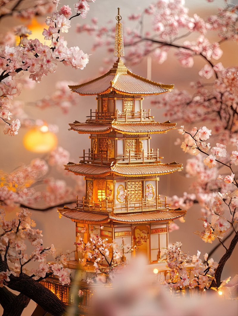 A pagoda stands among cherry blossoms swaying in the breeze, featuring a hina doll, a serene hinamatsuri dolls display celebrating japanâ€™s beauty
