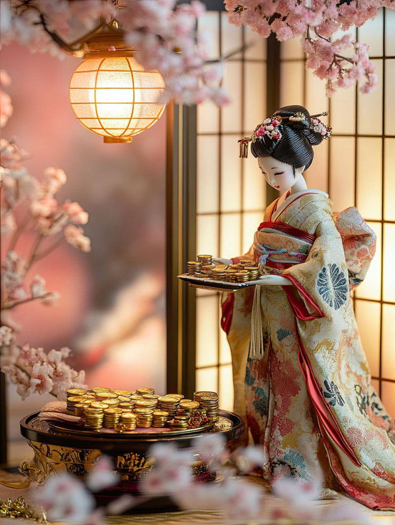 A merchant doll counts gold coins on a tray, representing prosperity, a classic hina doll in an elegant hinamatsuri dolls festival display