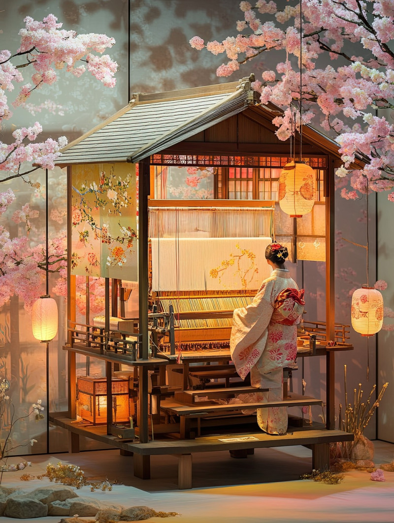 A silk weaver works at a wooden loom, weaving fine fabric, a hina doll capturing craftsmanship in a traditional hinamatsuri dolls display