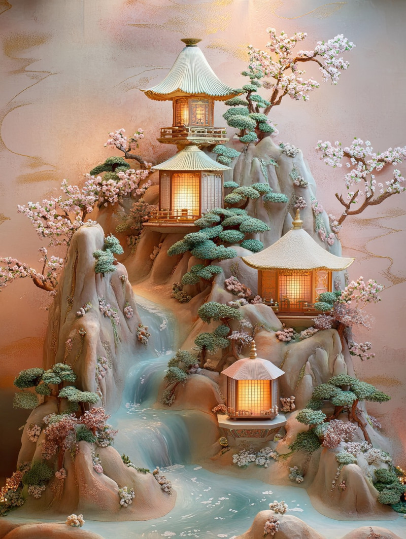 A pine covered mountain with flowing rivers forms a scenic backdrop for a hina doll, a tranquil hinamatsuri dolls display inspired by nature
