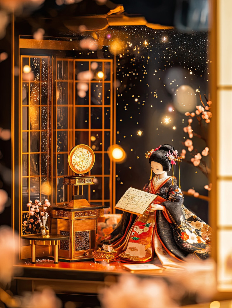 An astronomer doll studies a star map, representing knowledge and discovery, a hina doll crafted for a unique hinamatsuri dolls display