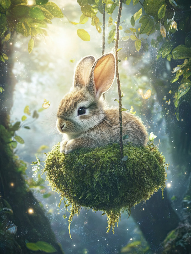 Rabbit resting on a soft kokedama moss ball in a lush green forest, peaceful nature setting, relaxation and tranquility concept
