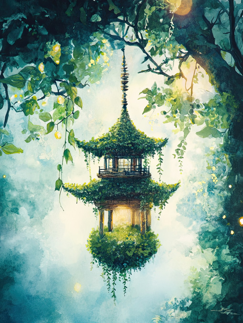 Ancient pagoda wrapped in vines and kokedama moss balls, mystical architecture, overgrown structure, peaceful zen garden atmosphere