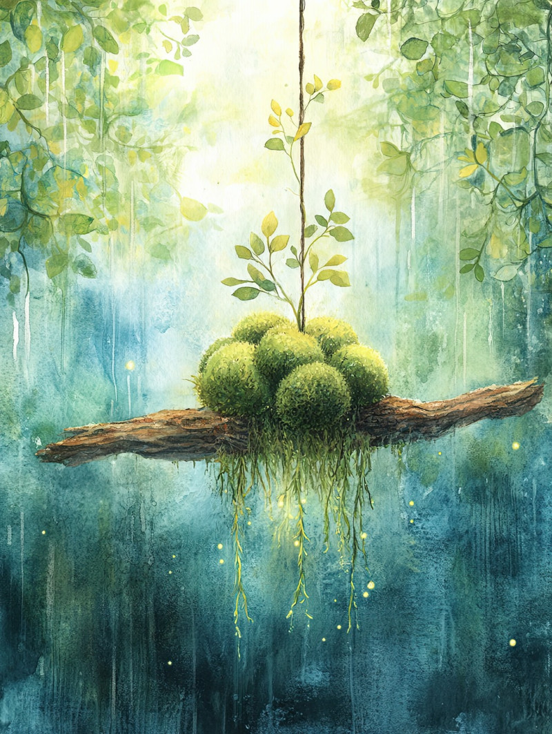 Driftwood adorned with kokedama moss balls, natural textures, organic forest decor, tranquil and earthy nature composition