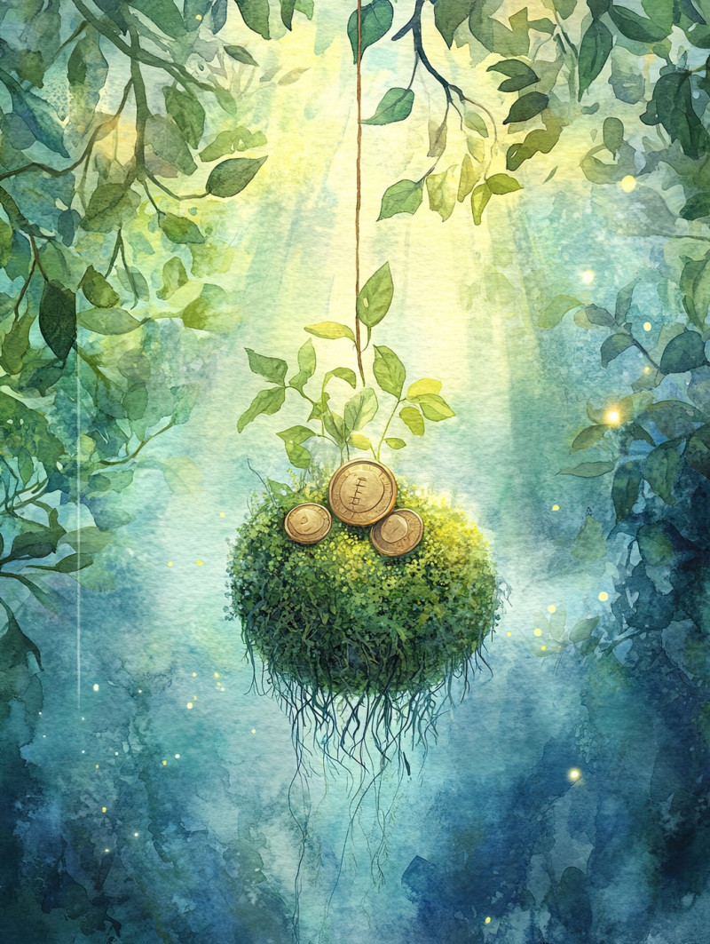 Pile of coins nestled in lush greenery and kokedama moss balls, nature and wealth concept, financial growth, eco friendly prosperity