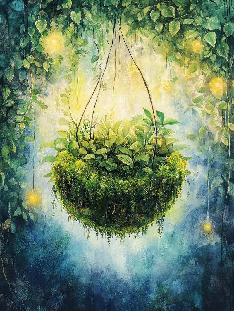 Herbal mortar placed on soft kokedama moss, natural healing, traditional medicine, fresh herbs and botanical wellness concept