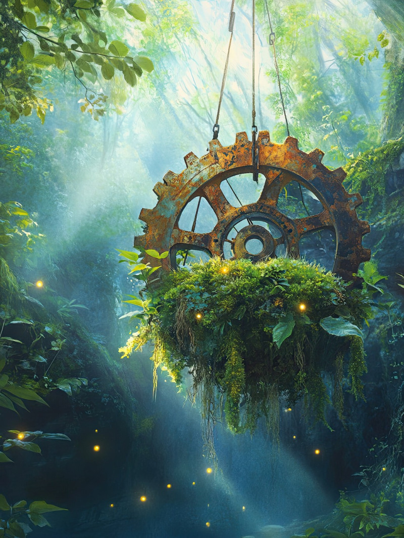 Rusted gear overgrown with kokedama moss balls, industrial decay meets nature, time passing, balance between technology and environment