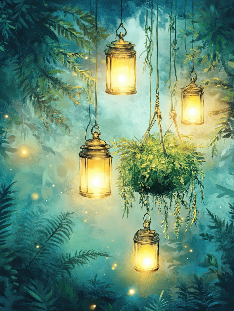 Lanterns glowing softly over vibrant ferns and kokedama moss balls, warm ambiance, peaceful garden, nighttime zen atmosphere