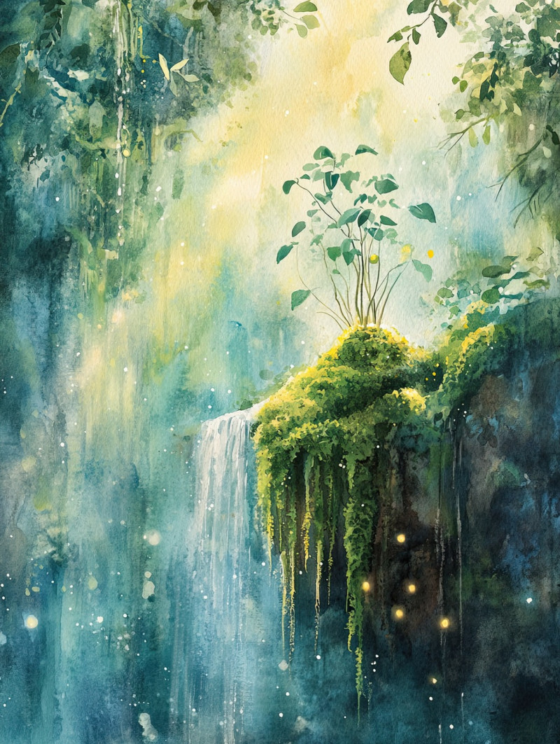 Waterfall cascading through moss covered cliffs and kokedama moss balls, refreshing and serene nature scenery, tranquil water flow