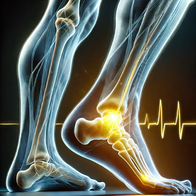 Foot highlighted with an intense yellow glow to show pain or discomfort, 3d human body pain visualization illustration, concept of injury, stress, or inflammation