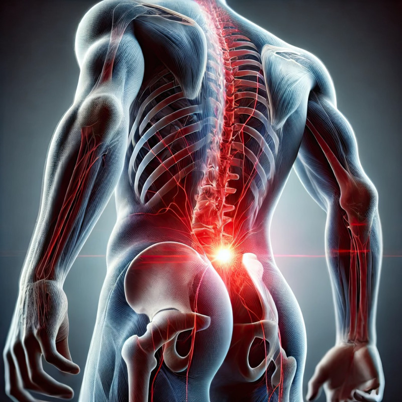 Lower back highlighted with a red glow to show pain or discomfort, 3d human body pain visualization illustration, medical concept of spinal strain or injury