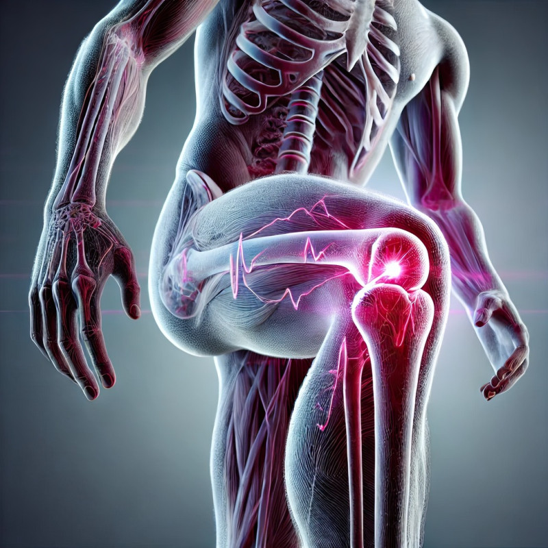 Knee highlighted with an intense magenta glow to show pain or discomfort, 3d human body pain visualization illustration, medical concept of joint inflammation or injury